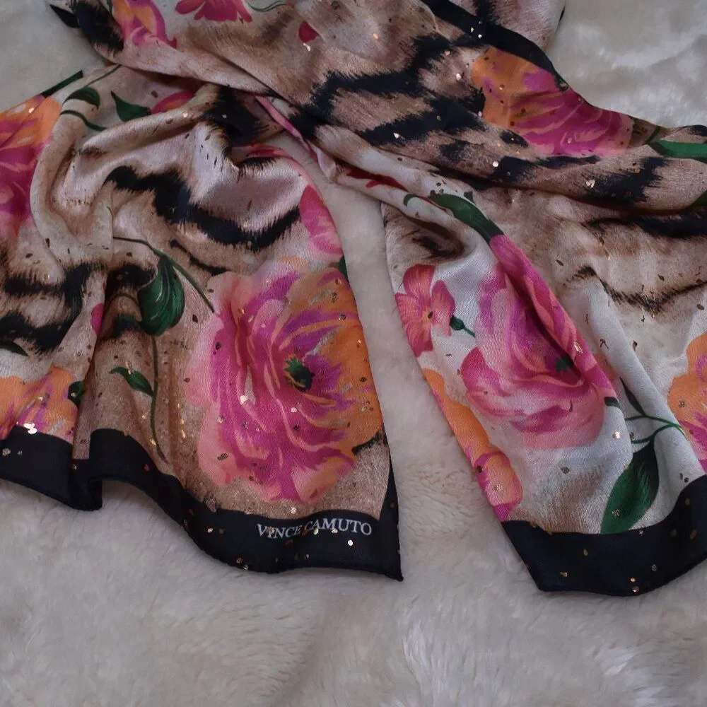 Vince Camuto Floral Animal Print Sparkly Sheer Scarf Wrap Pink Black Beige